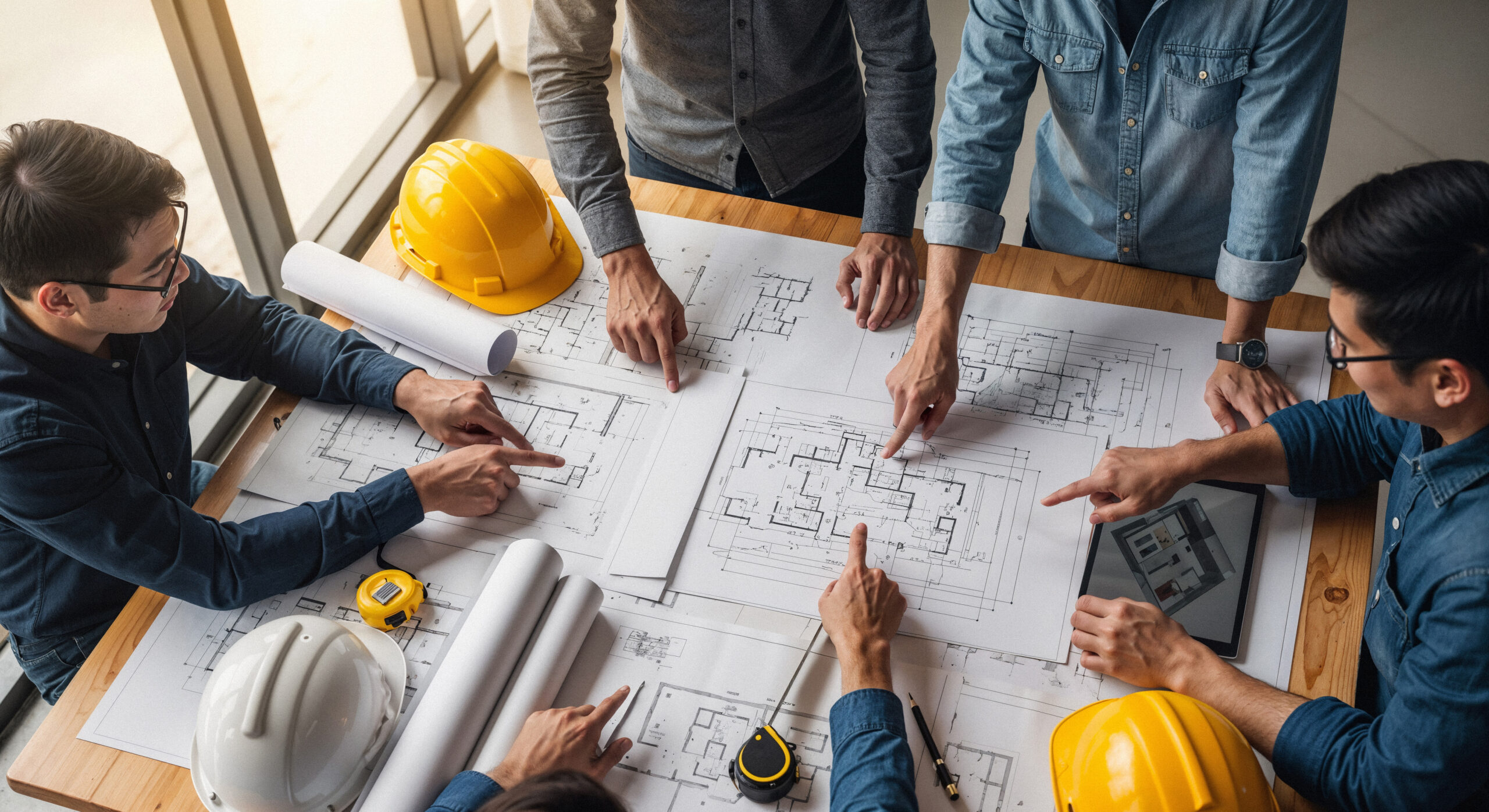 architects-collaborating-blueprints-construction-site