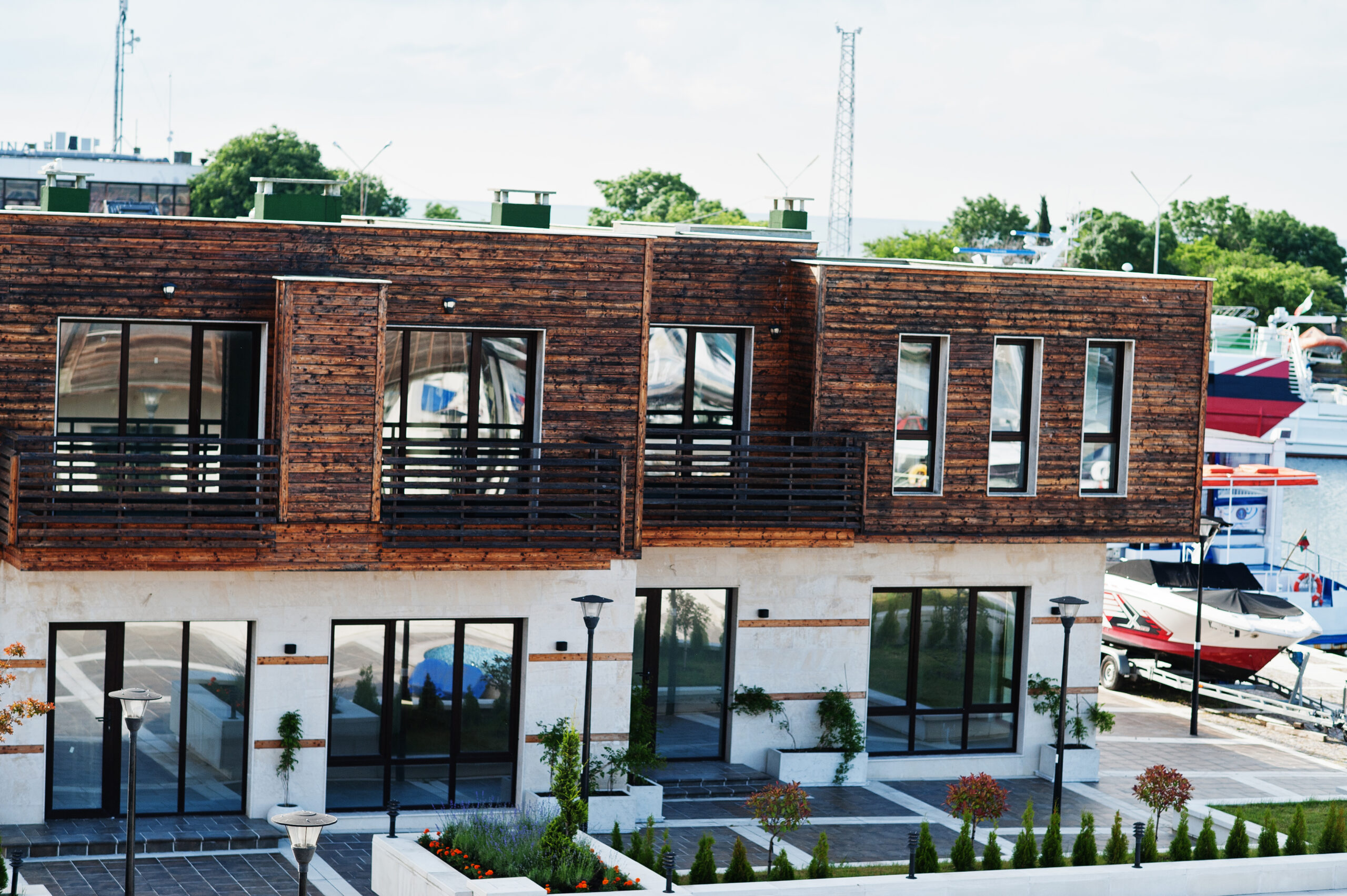 Houses with yacht on old port Nesebar, Bulgaria.
